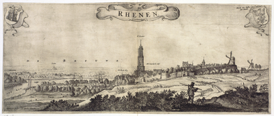 206084 Gezicht op Rhenen gezien vanaf de Rhenense Berg, uit het oosten, met links en op de achtergrond de Rijn en de ...